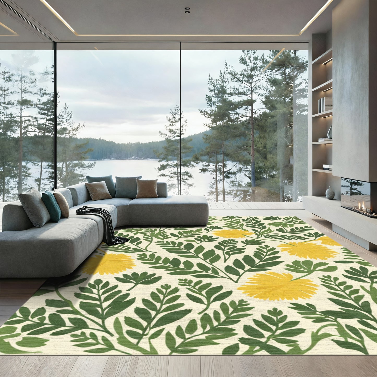 Yellow Dandelion Green Leaf Arrangement Rug