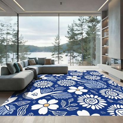 Chic Floral Bird Blue Whimsical Rug