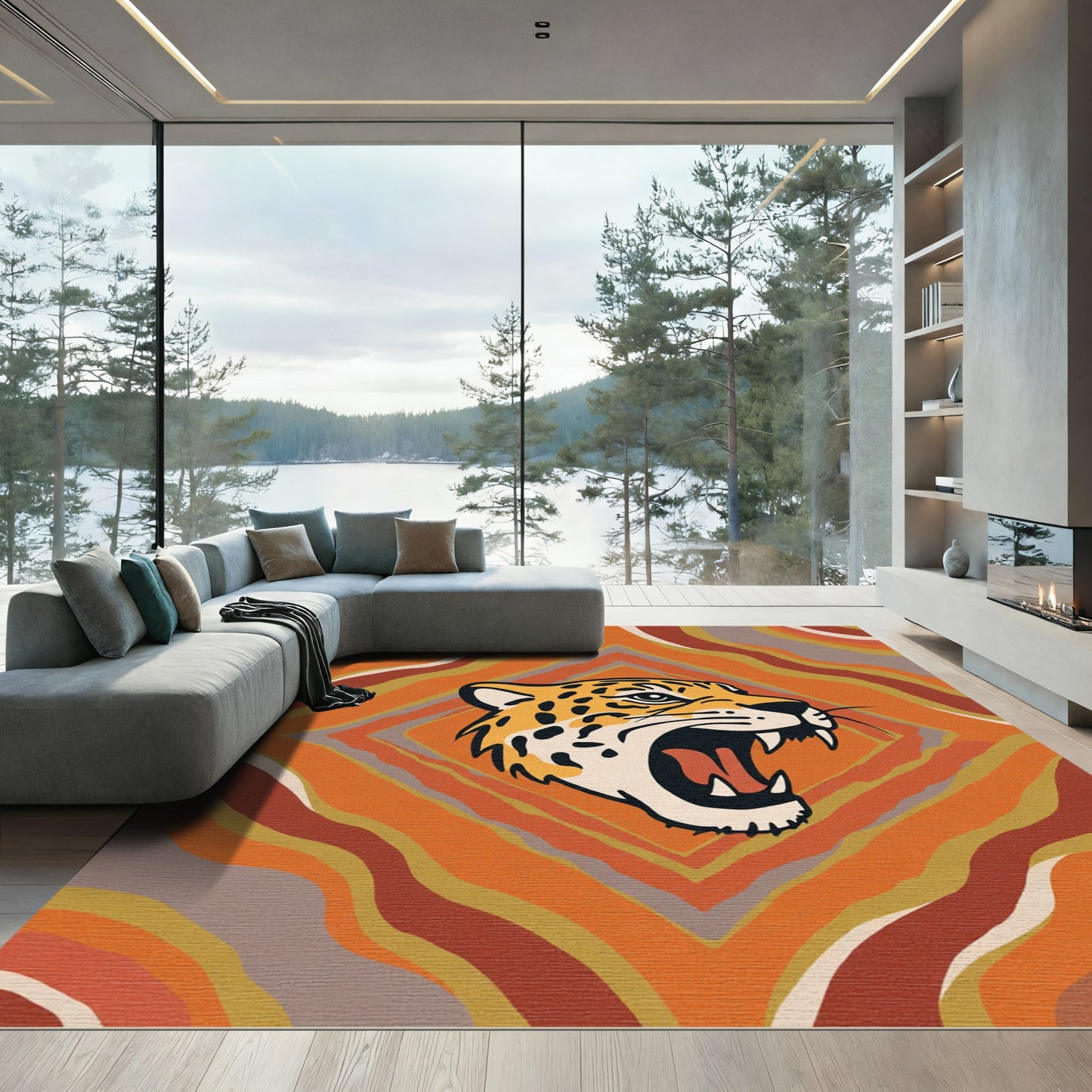 Jaguar Head Abstract Warm Wave Rug
