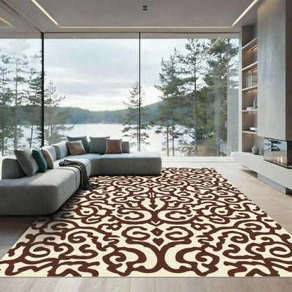 Deep Brown Organic Scroll Damask Rug