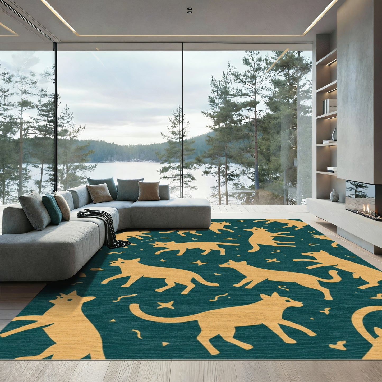 Golden Cats Stars Emerald Background Rug