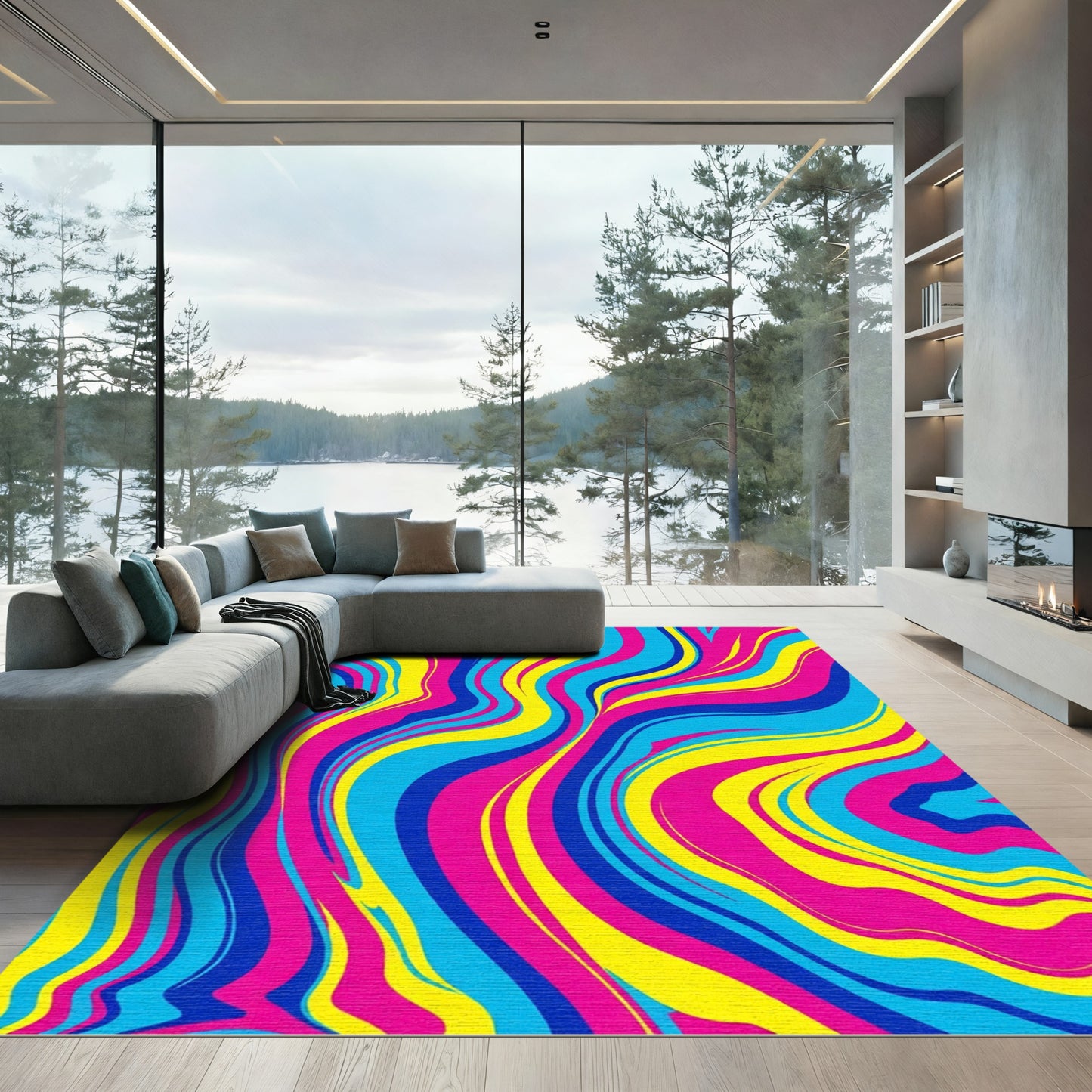 Vibrant Swirling Pink Blue Yellow Waves Rug
