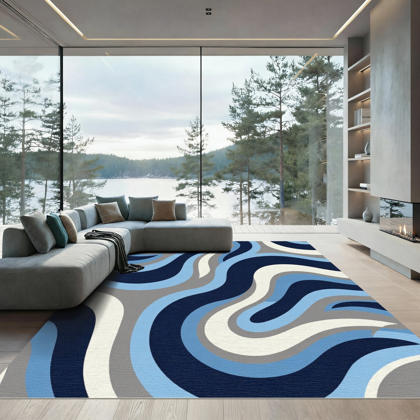 Navy Blue Abstract Swirl Rug