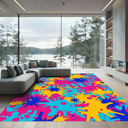 Vibrant Pink Blue Yellow Splatter Rug
