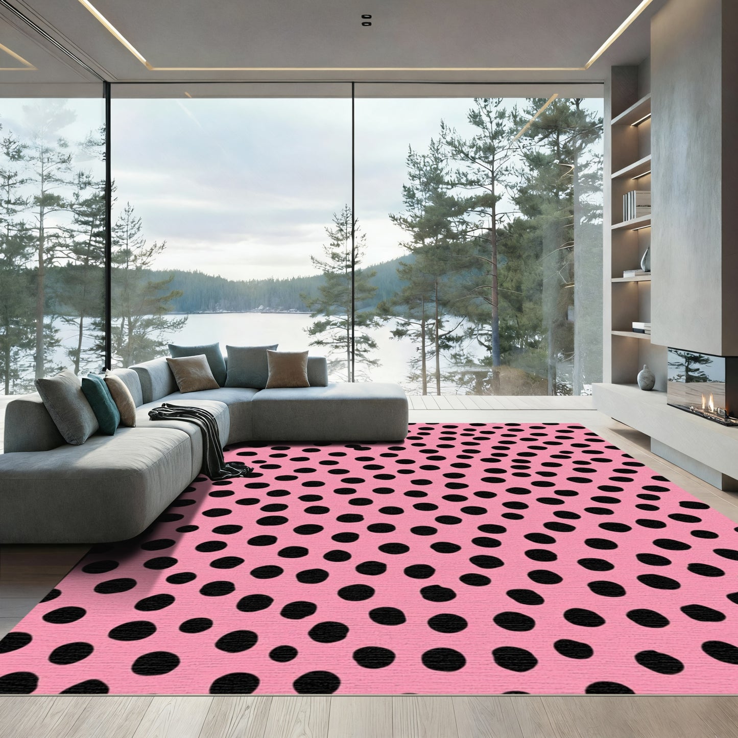 Playful Pink Black Polka Dot Rug