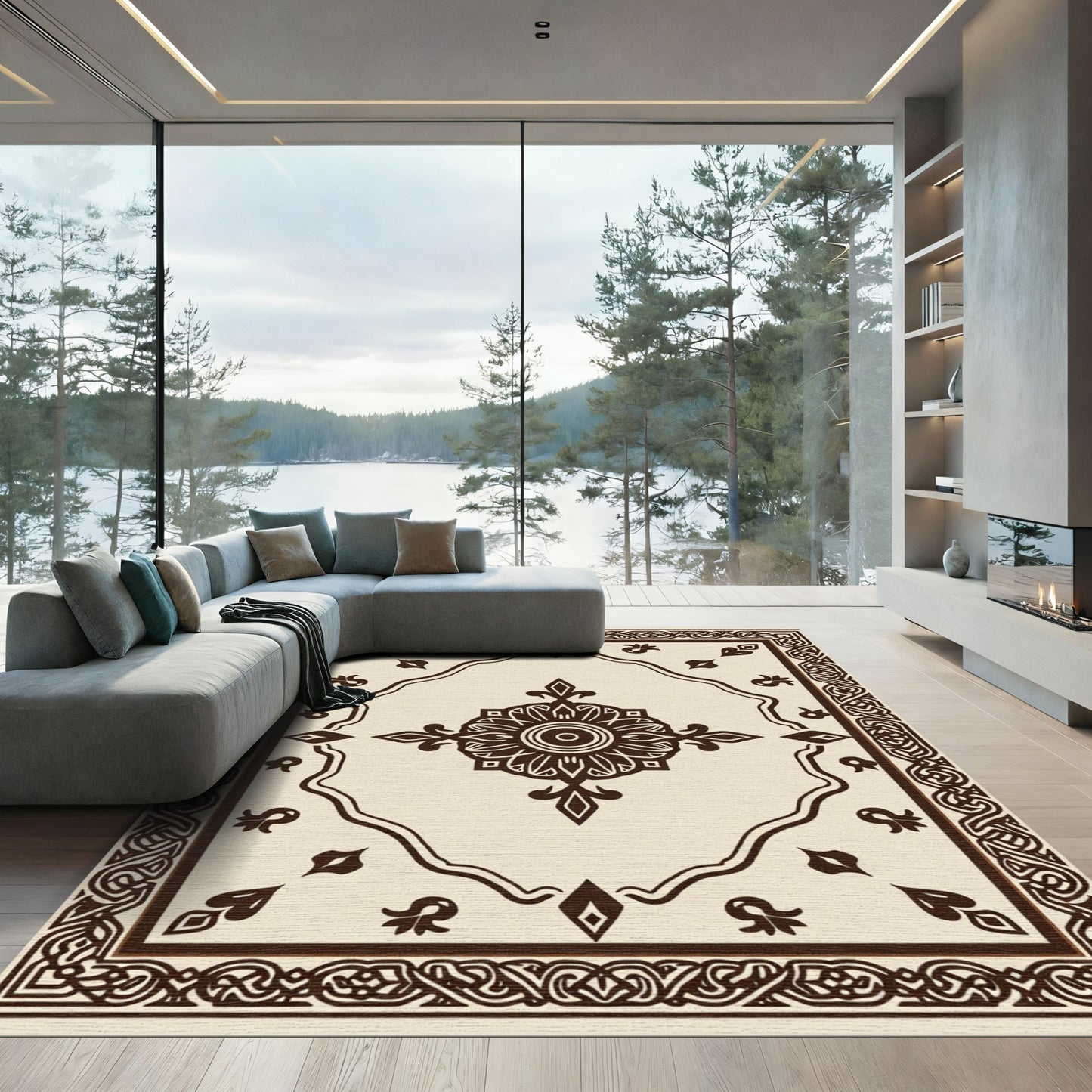 Brown Ornamental Medallion Frame Rug