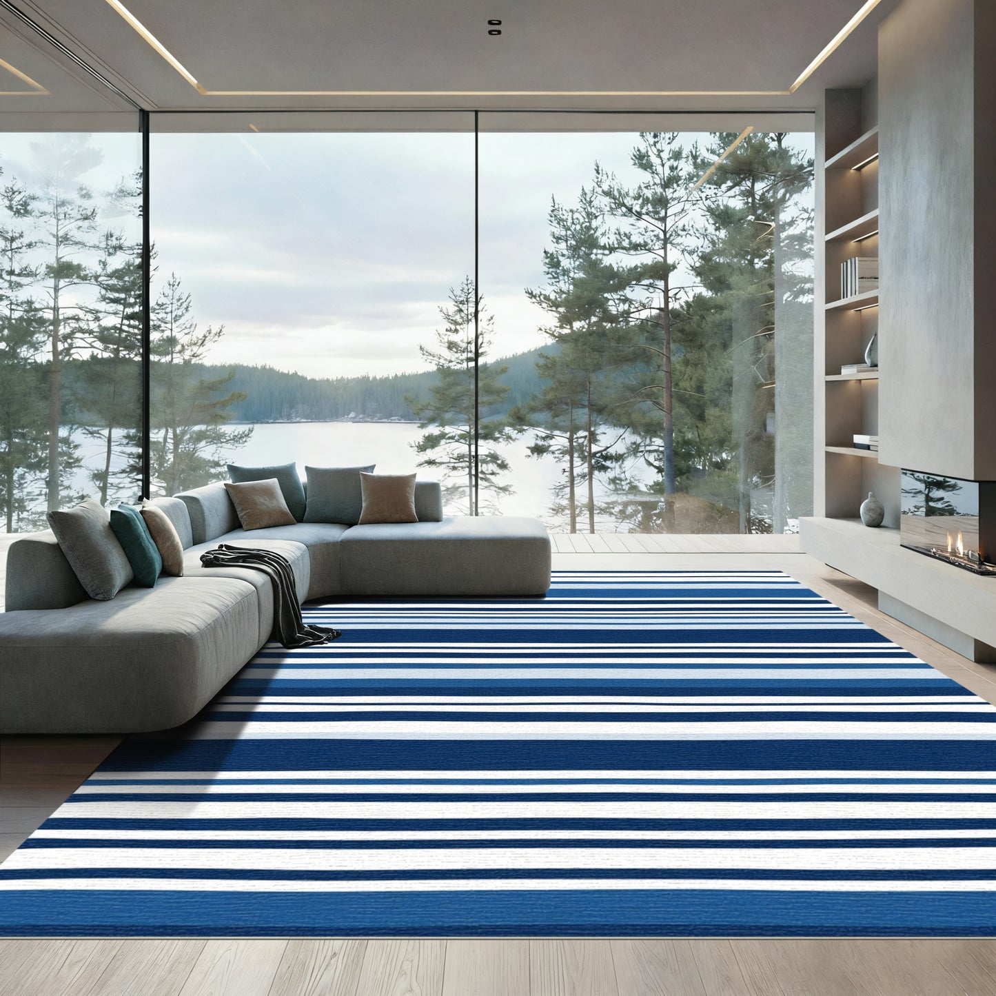 Deep Blue Indigo Striped Abstraction Rug