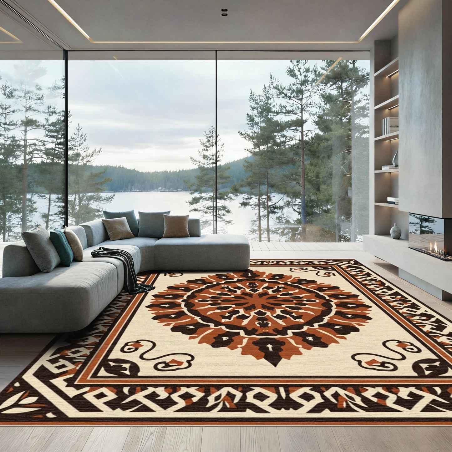 Brown Ochre Medallion Geometric Border Rug