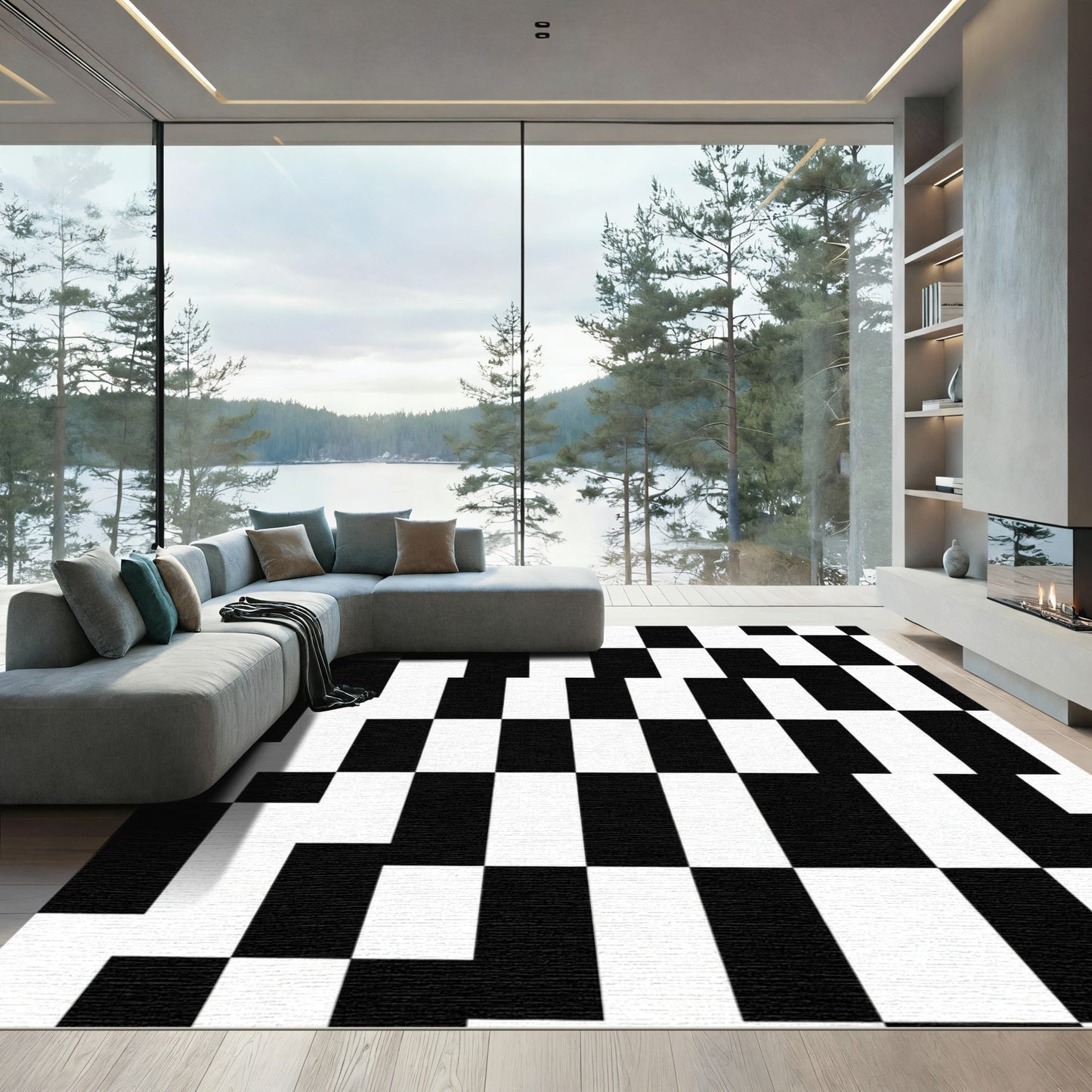 Monochromatic Geometric Checkered Grid Rug