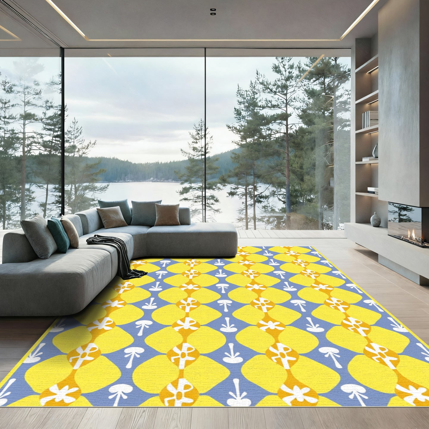 Sunny Yellow Abstract Flower Lattice Rug
