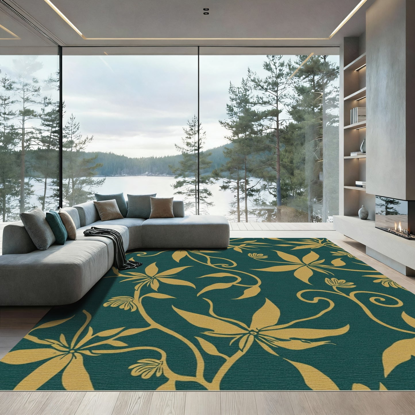 Golden Vine Teal Floral Rug