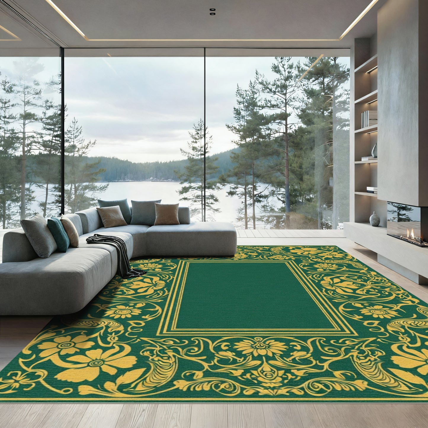 Emerald Golden Floral Border Rug