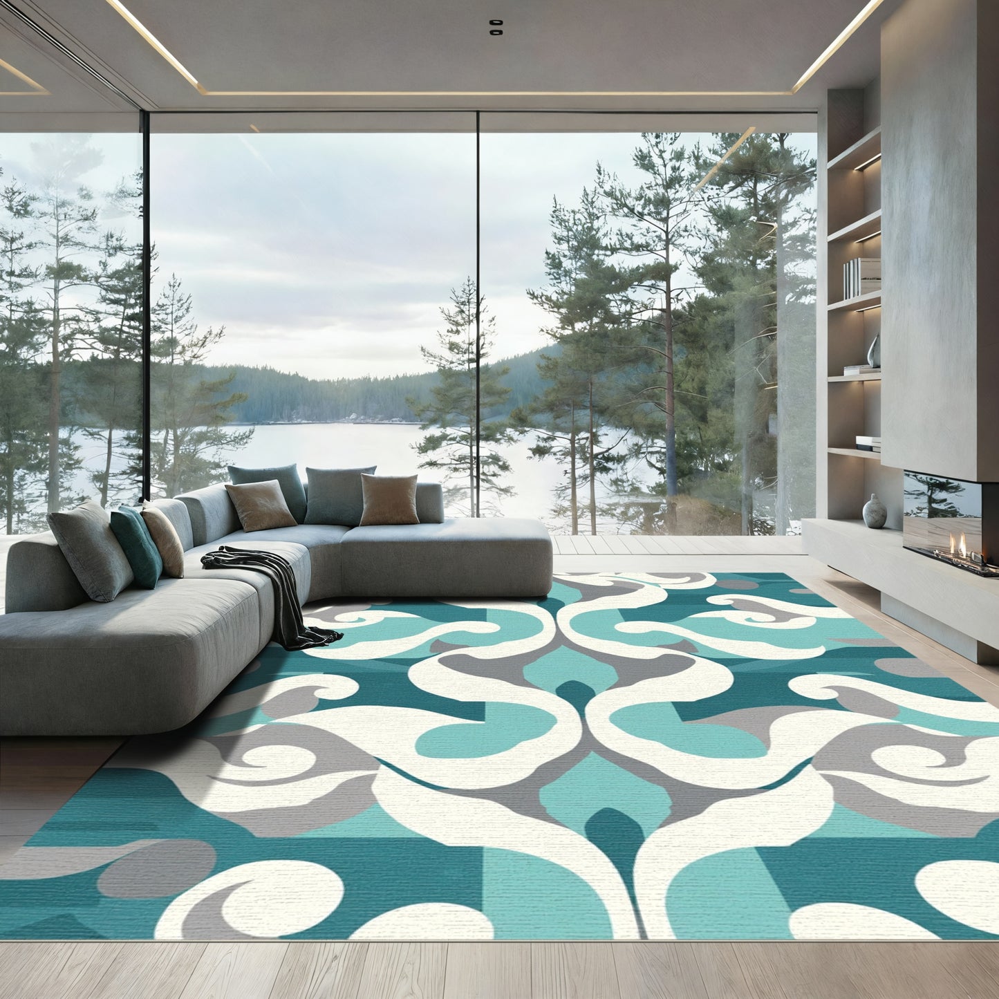 Turquoise White Gray Contemporary Swirl Rug