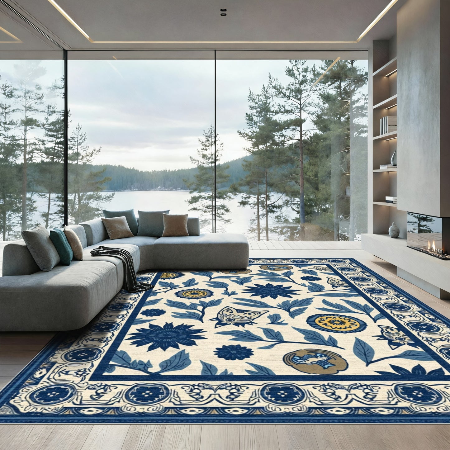 Cream Navy Floral Animal Garden Rug