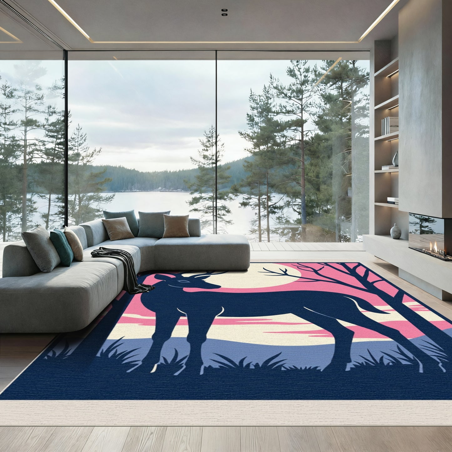 Midnight Deer Pink Moon Twilight Rug