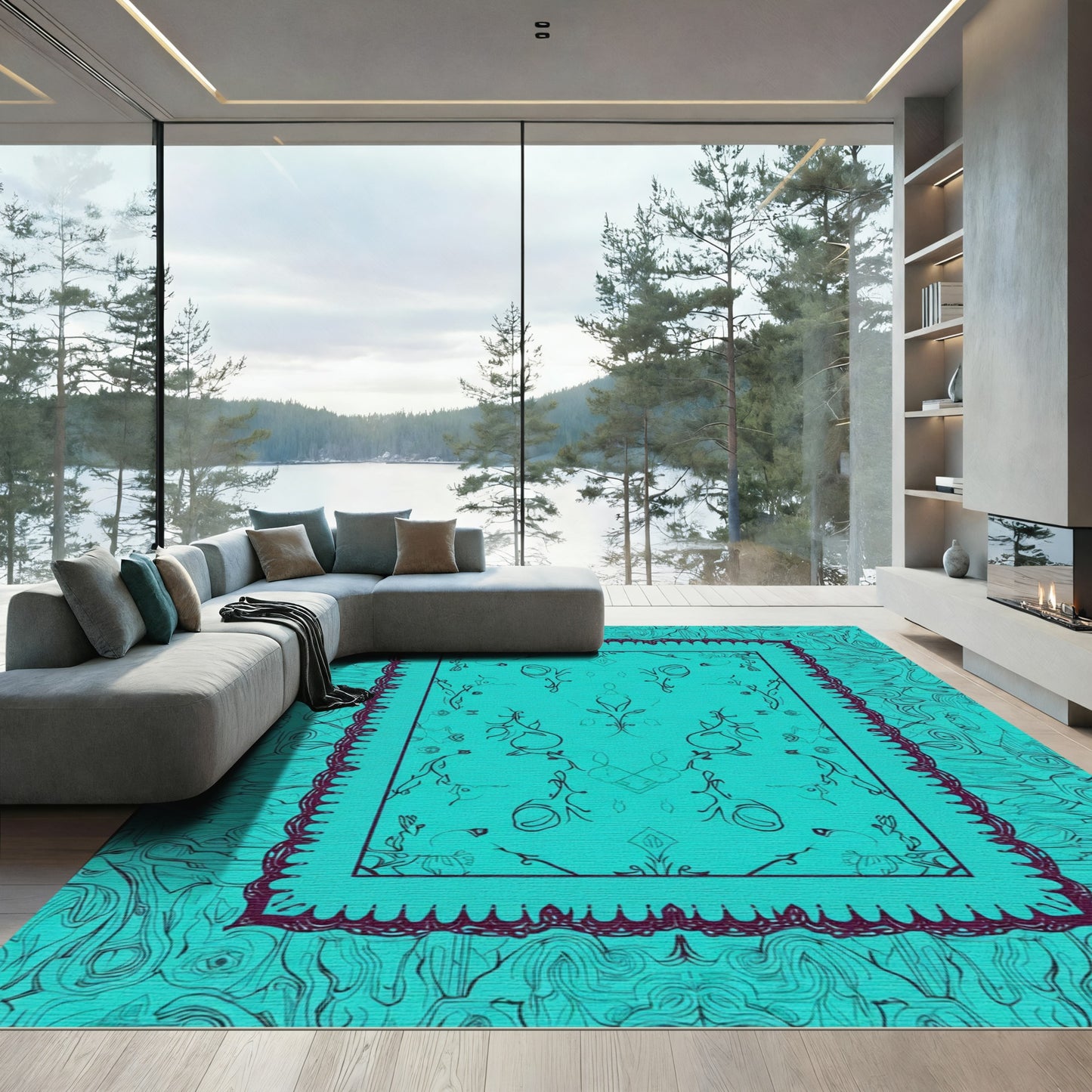 Teal Vine Bordered Abstract Harmony Rug