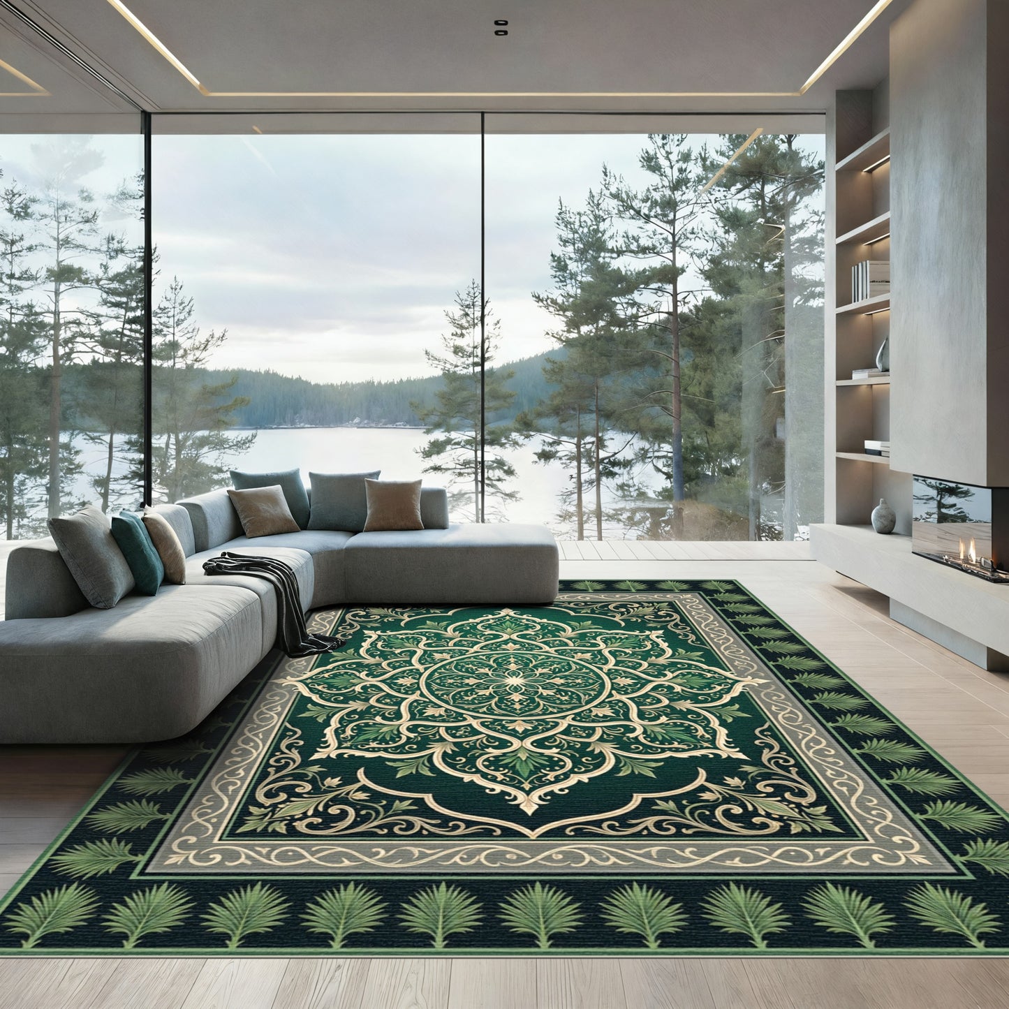 Emerald Green Floral Medallion Rectangular Rug