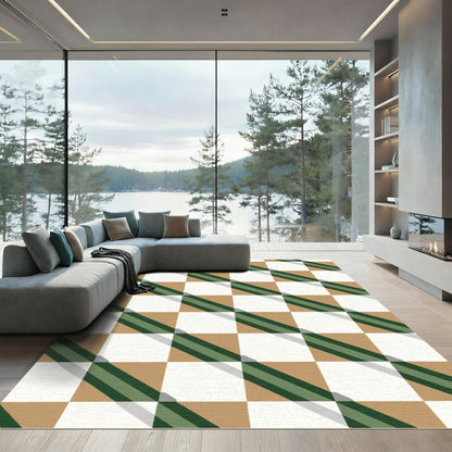 Green White Tan Diagonal Checkered Rug