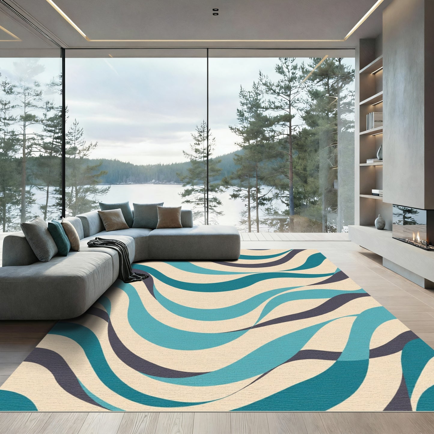 Cool Blue Wavy Ribbon Abstract Rug