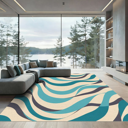 Cool Blue Wavy Ribbon Abstract Rug