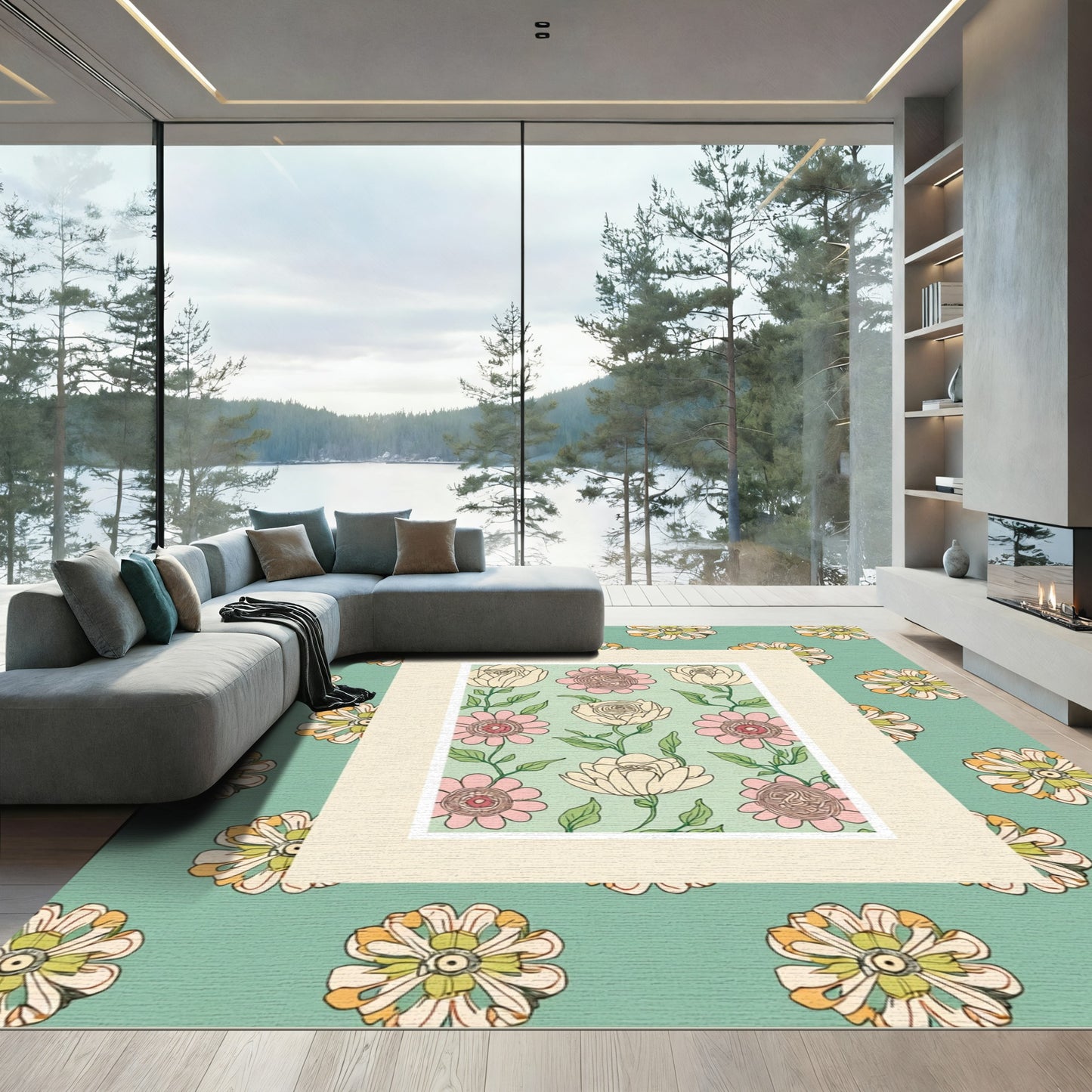 Retro Teal Cream Floral Arrangement Rug