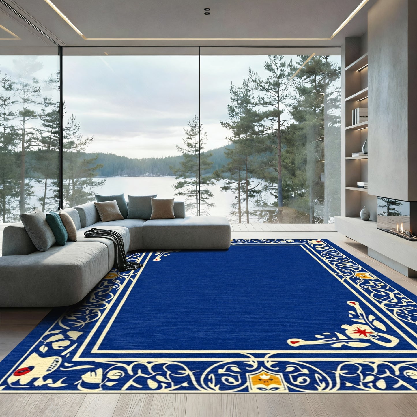 Royal Blue Ivory Scrollwork Emblem Rug