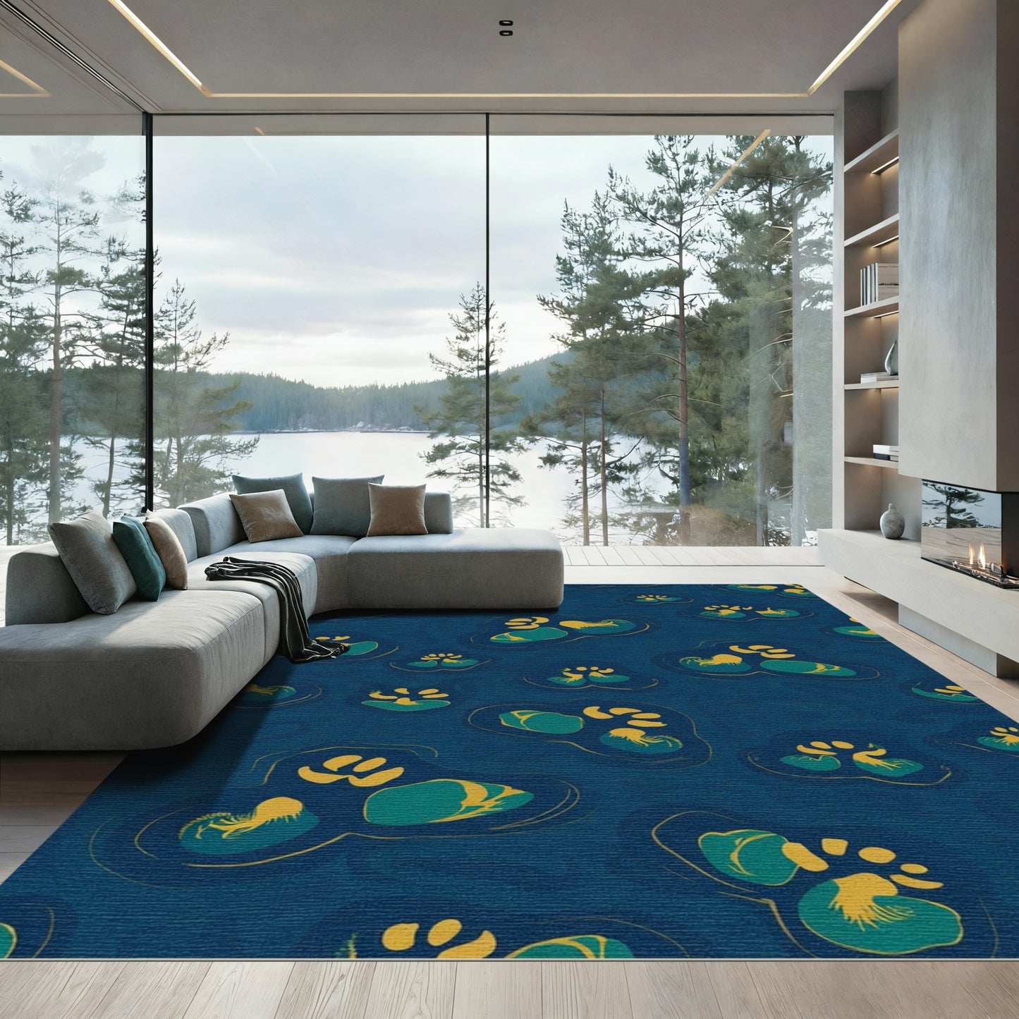 Deep Blue Teal Gold Paw Prints Rug