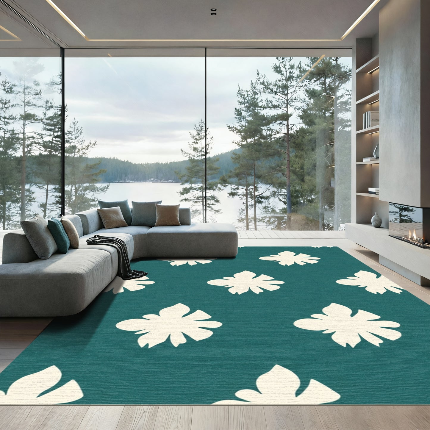Teal Cream Allover Botanical Bloom Rug