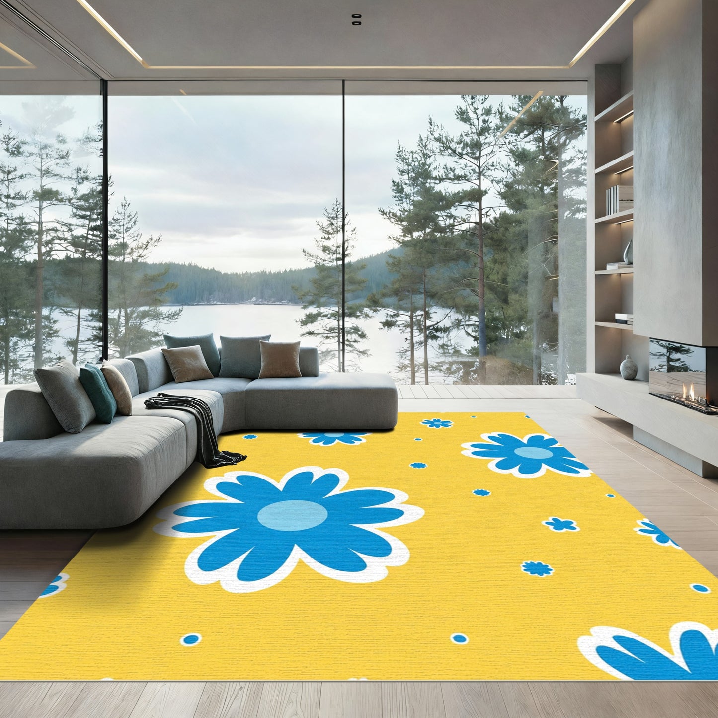 Sunny Yellow Blue Daisy Meadow Rug