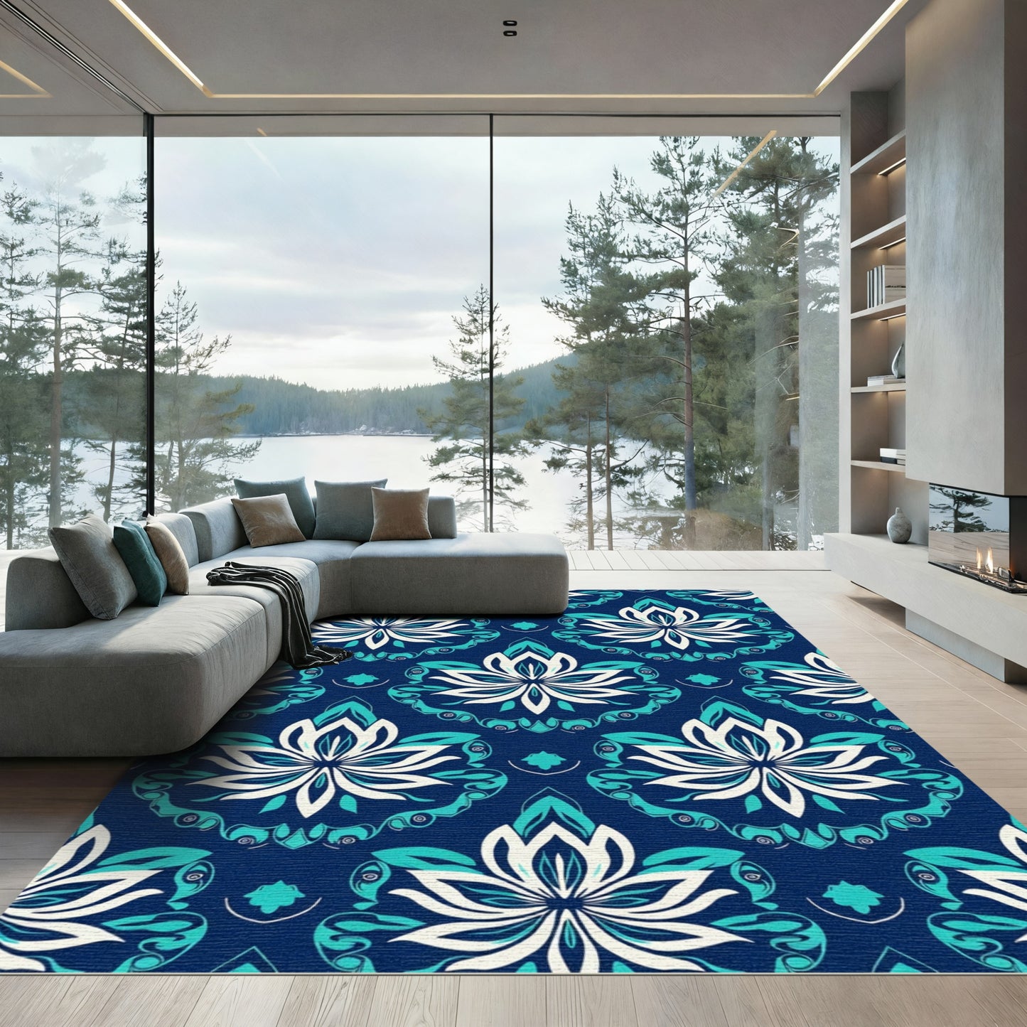 Rich Teal Lotus Medallion Repeating Rug