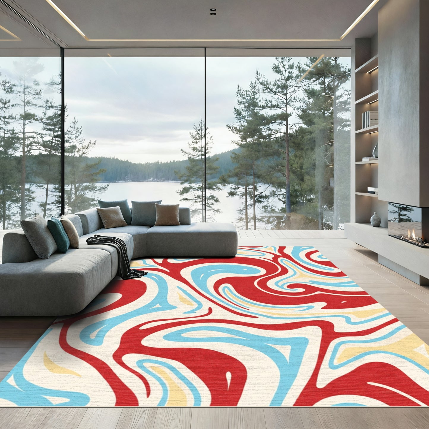Red Blue Swirl Abstract Cream Rug