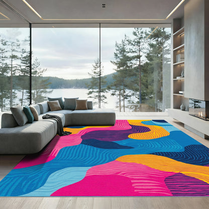 Vibrant Pink Blue Yellow Flowing Waves Rug
