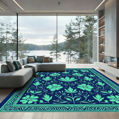 Green Floral Folk Art Navy Rug
