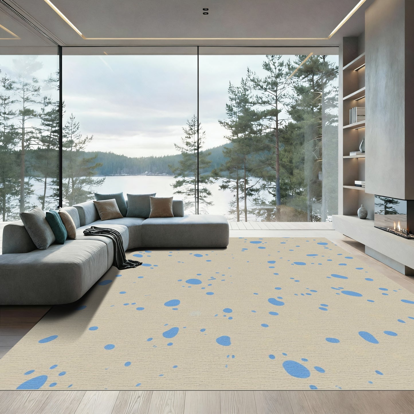 Light Beige Blue Splatter Dot Rug
