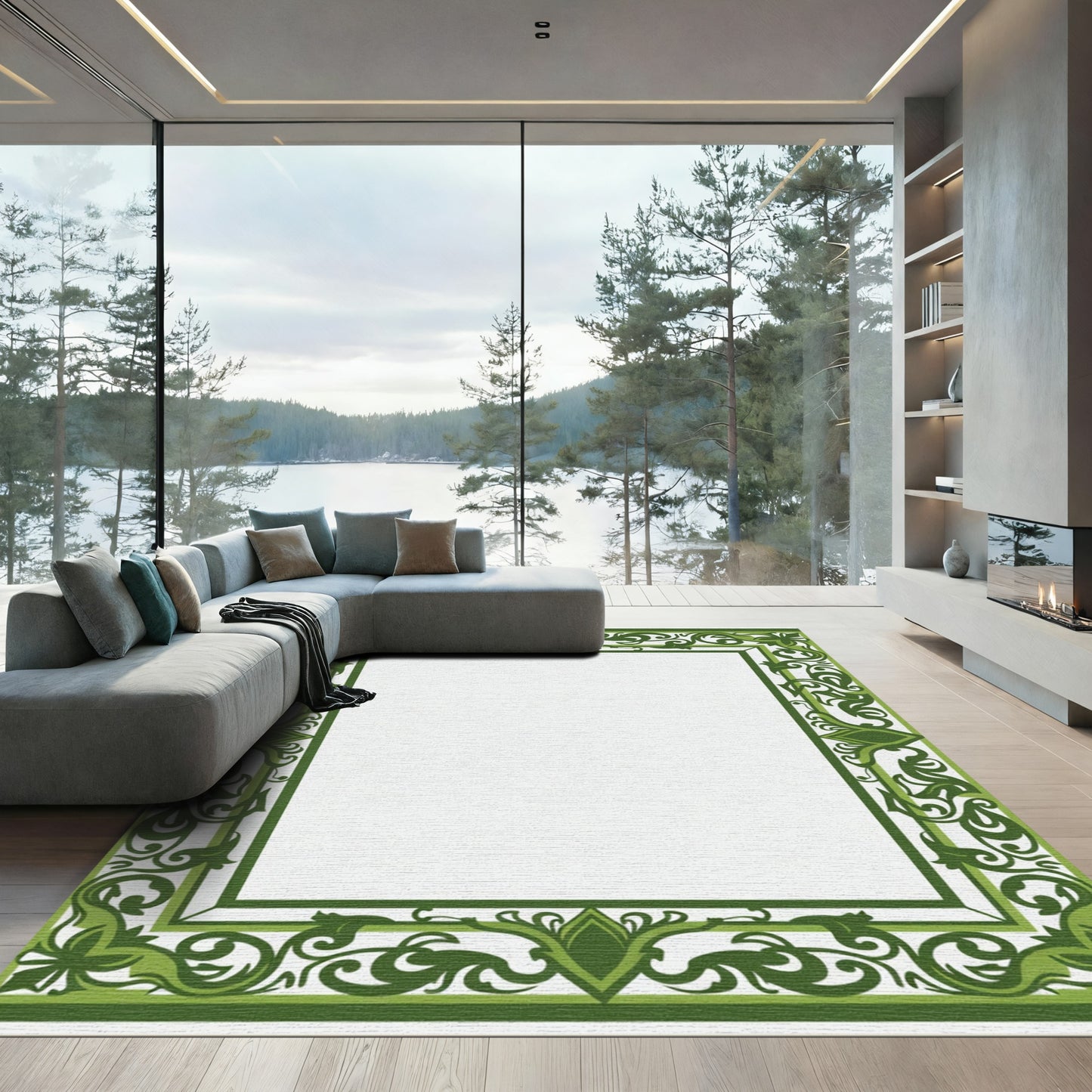 Emerald Green Vine Scroll Border Rug