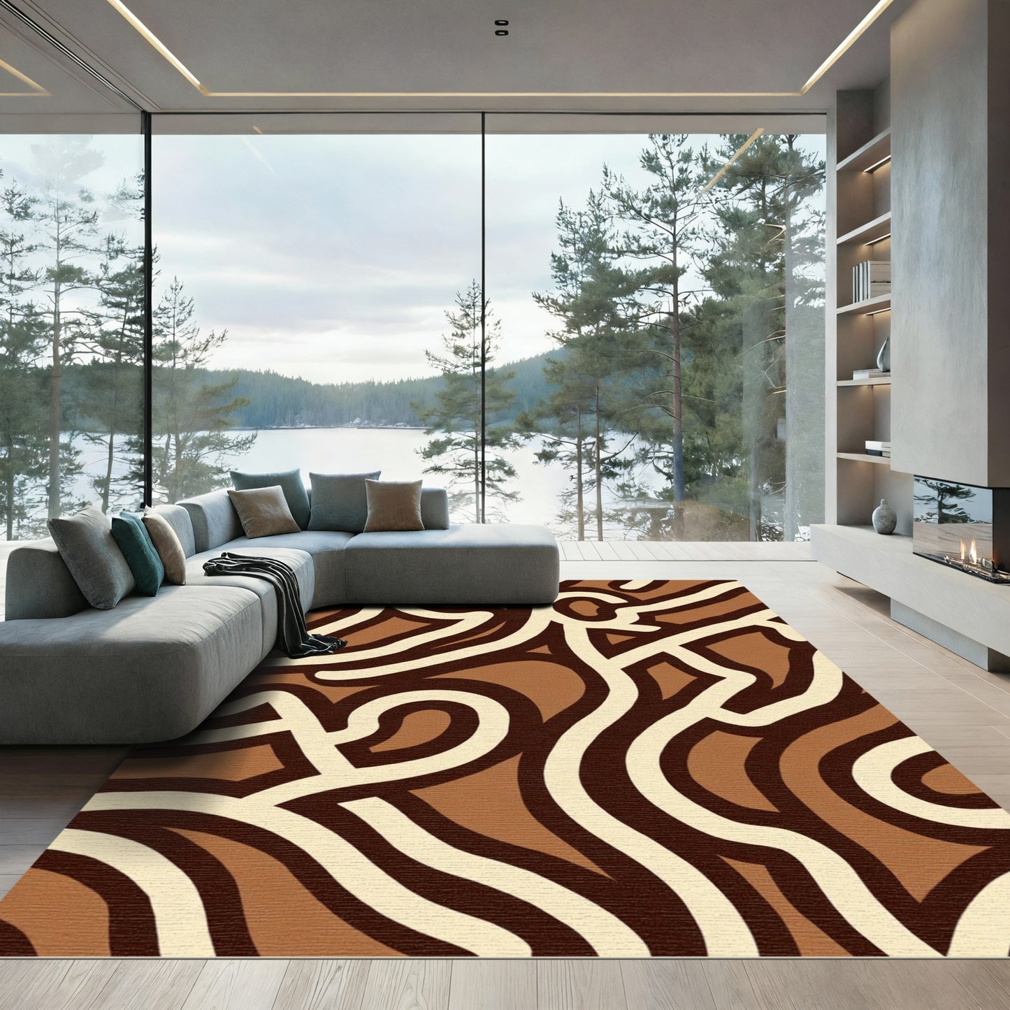 Earthy Cream Brown Abstract Swirl Rug
