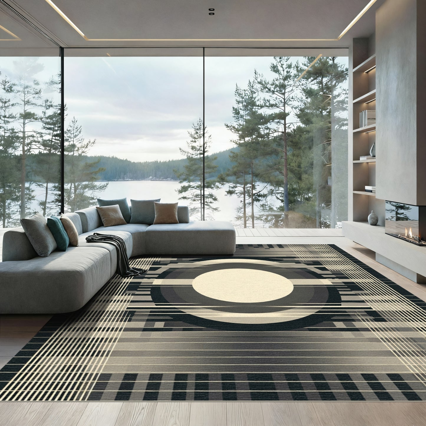 Monochrome Circles And Grid Rug
