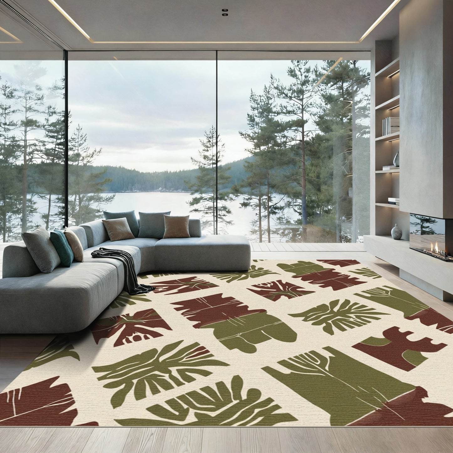 Earthy Crimson Green Abstract Blocks Rug