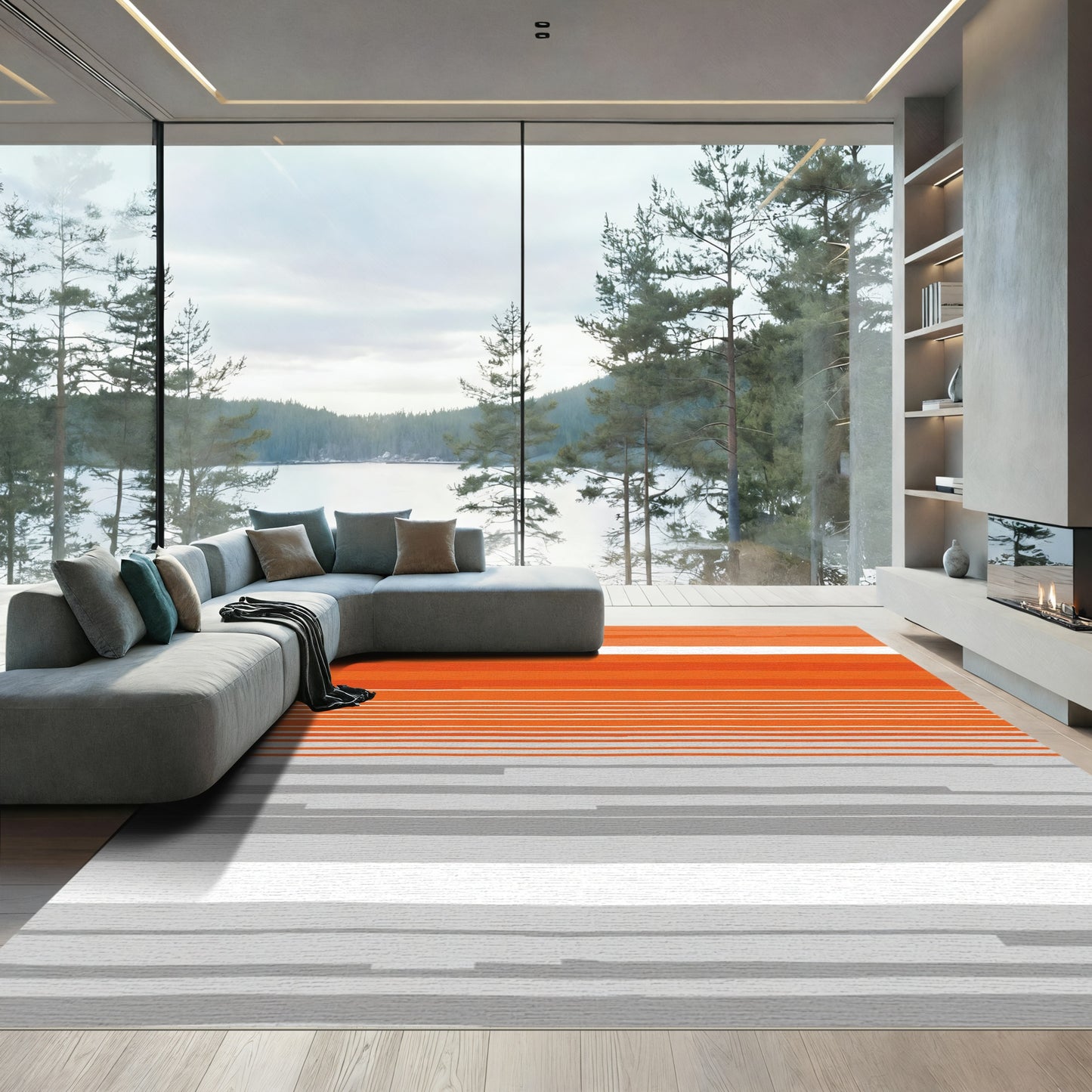 Orange Gray Horizontal Stripe Rug