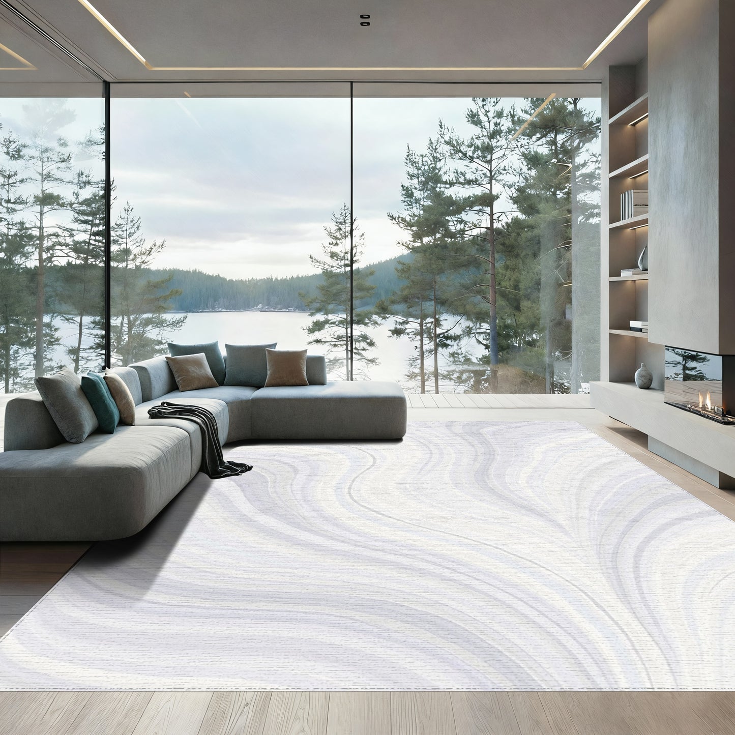 Abstract Gray Flowing Waves Rug