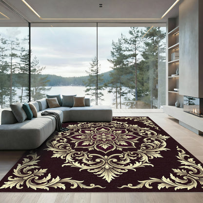 Ornate Burgundy Floral Scroll Frame Rug