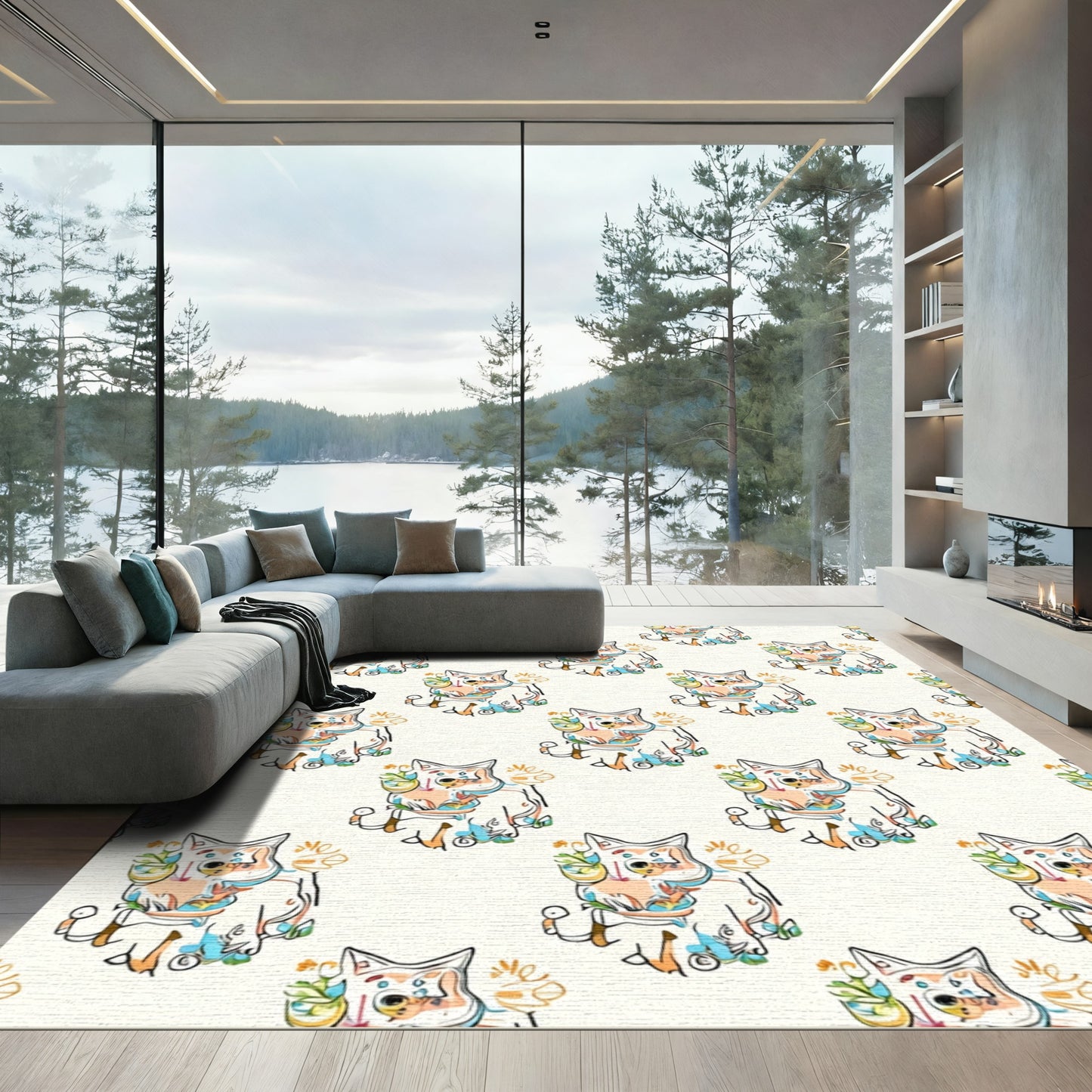 Whimsical Dog and Plant Repeating Design Rug