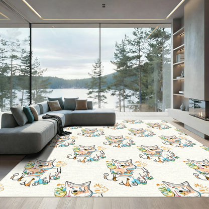 Whimsical Dog and Plant Repeating Design Rug