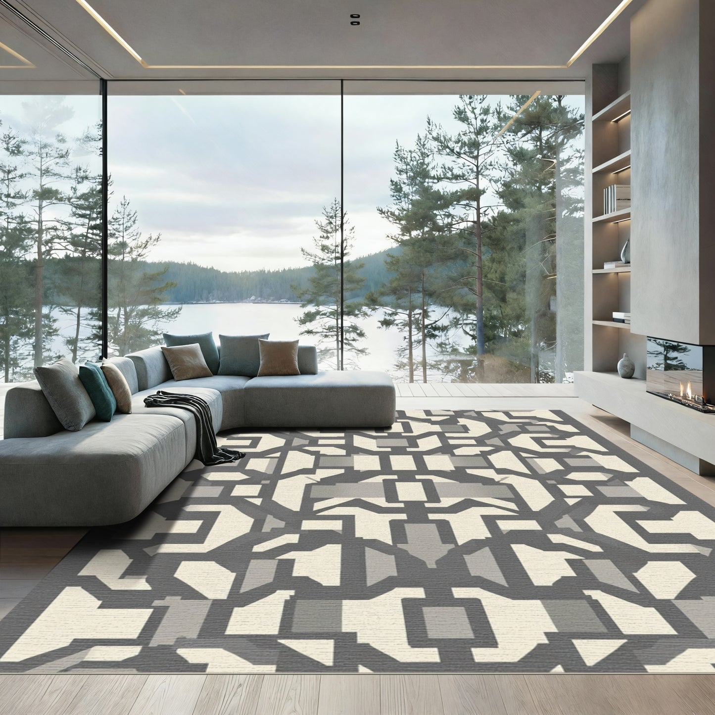 Gray Cream Geometric Lattice Rug