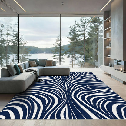 Navy White Zebra Stripe Abstract Rug