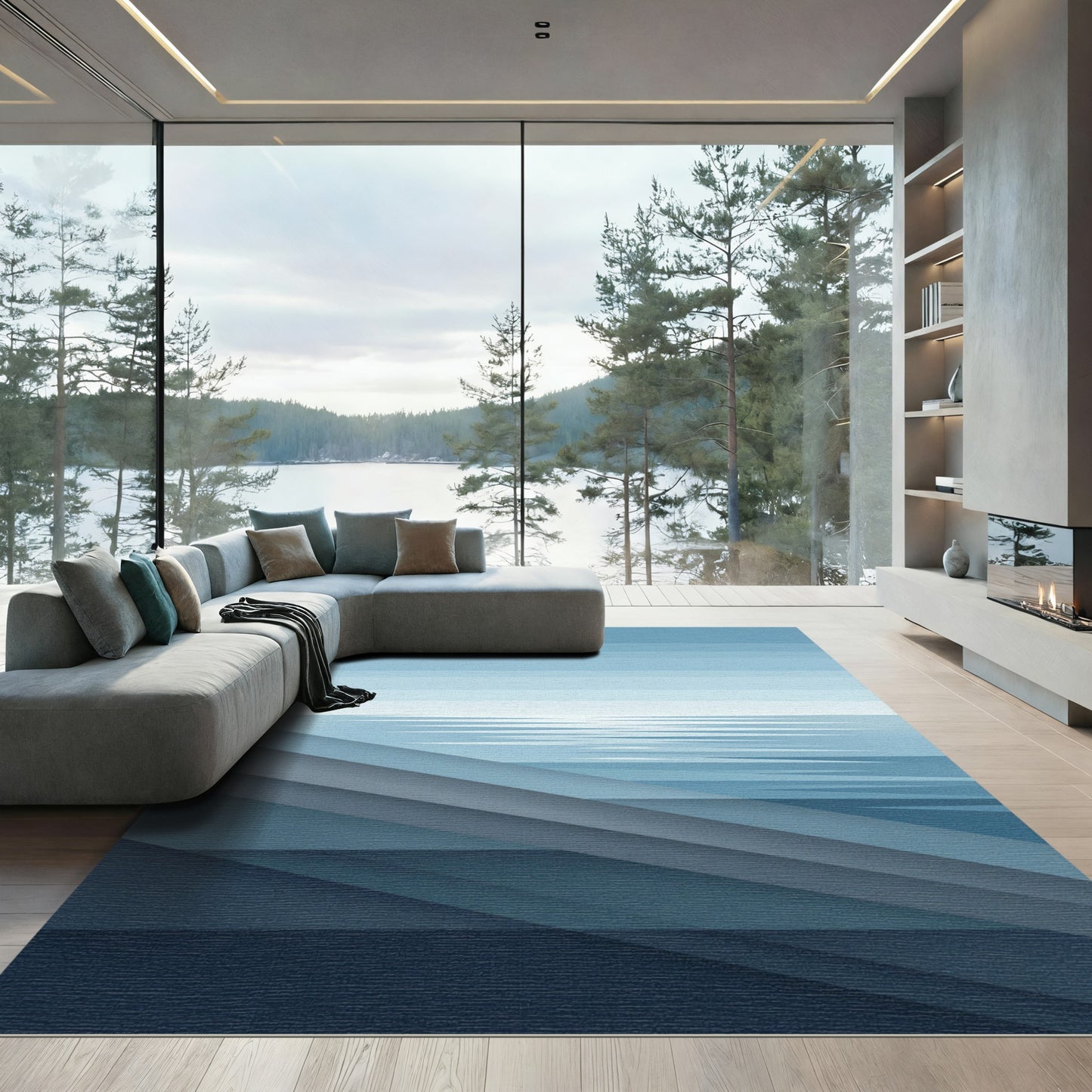 Layered Blue Horizon Abstract Ocean Rug