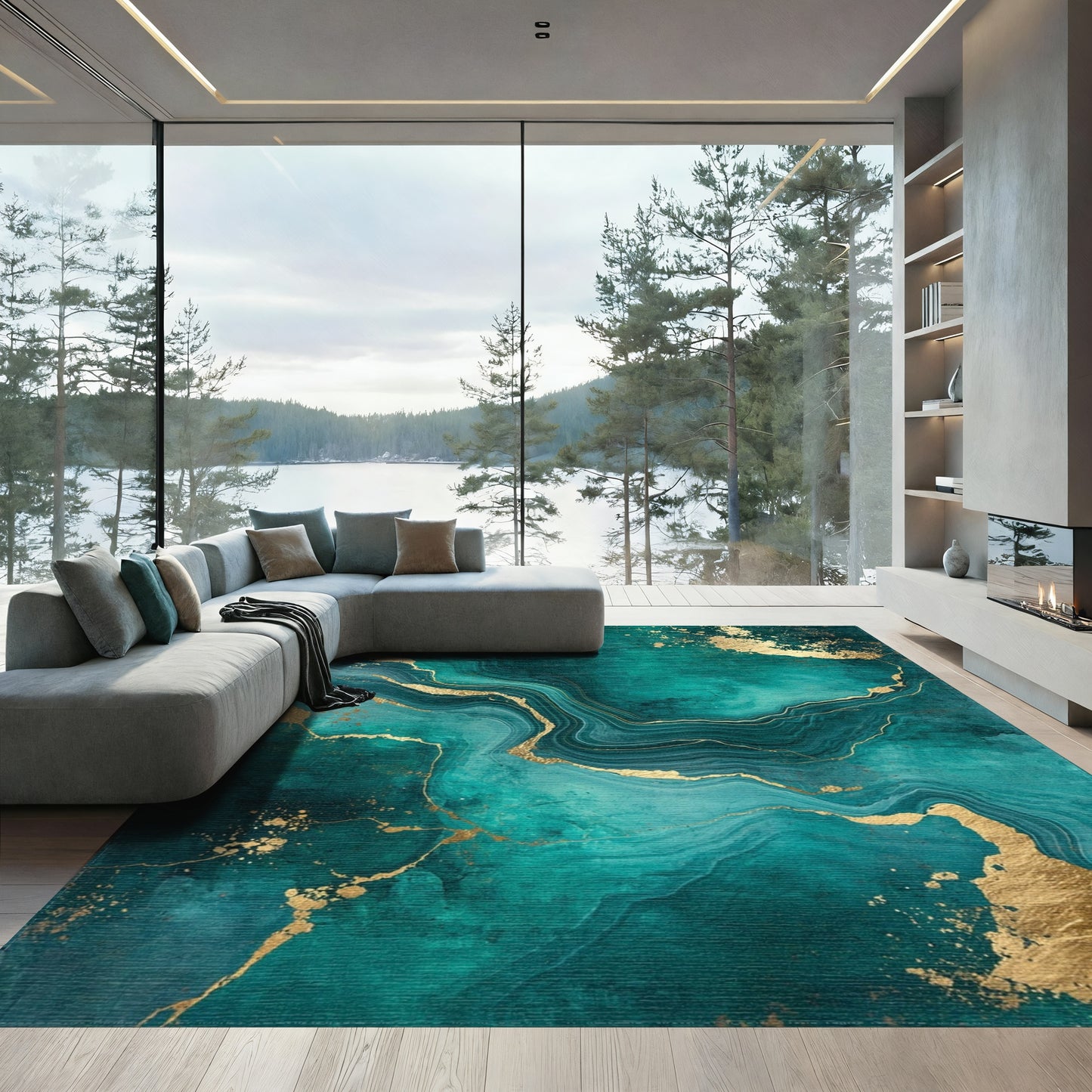 Teal Gold Marble Swirl Rug