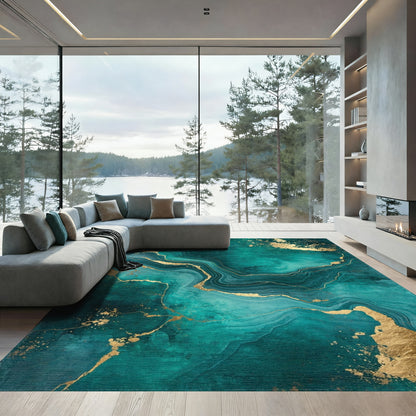 Teal Gold Marble Swirl Rug