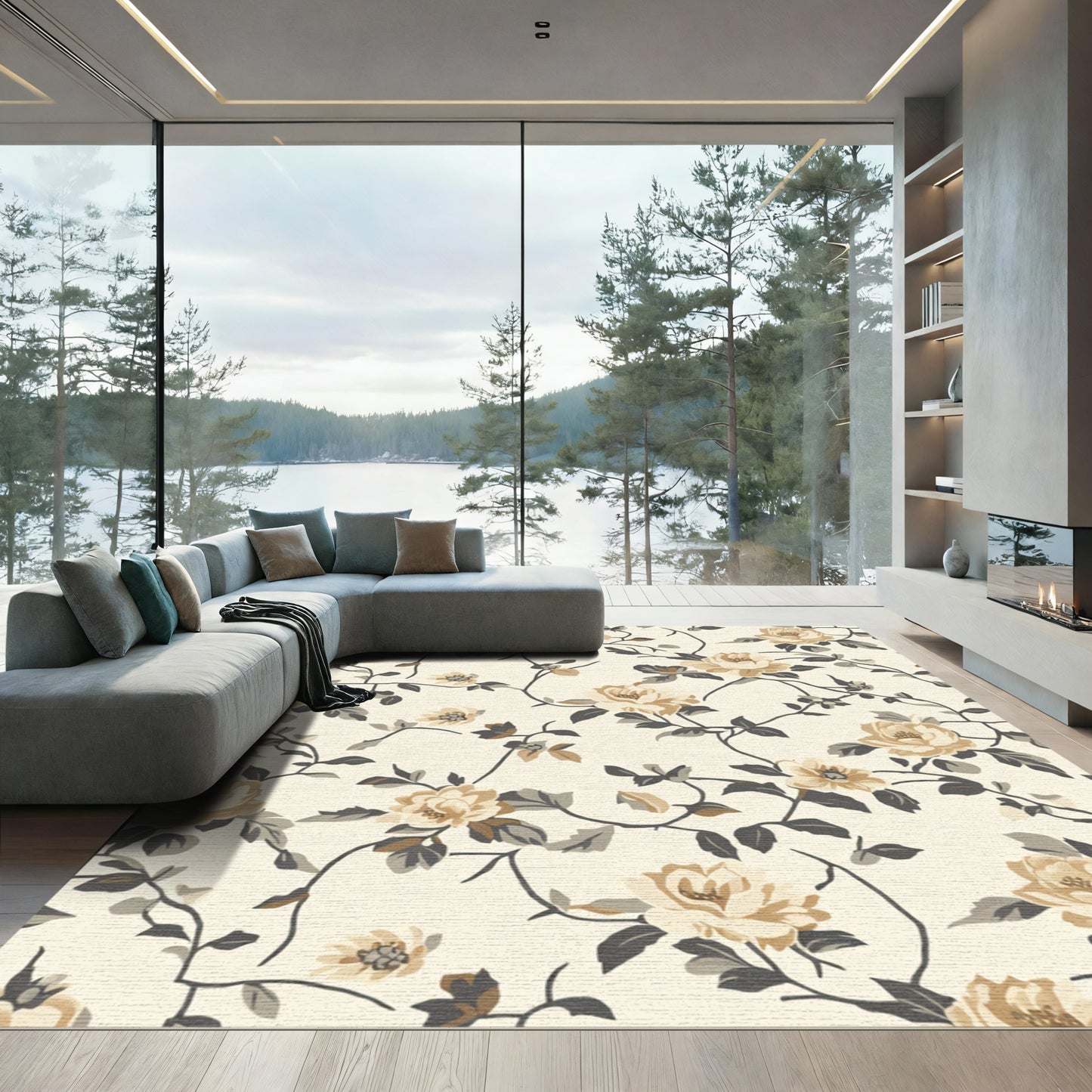 Cream Beige Floral Vine Garden Rug