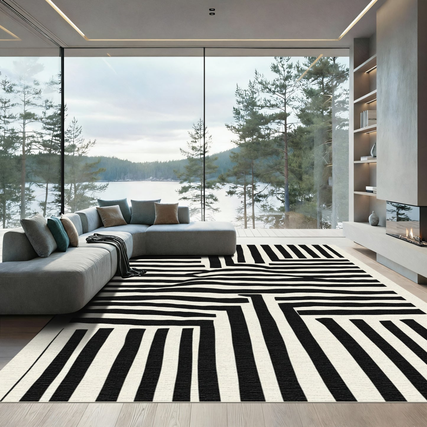 Bold Black White Abstract Stripe Rug